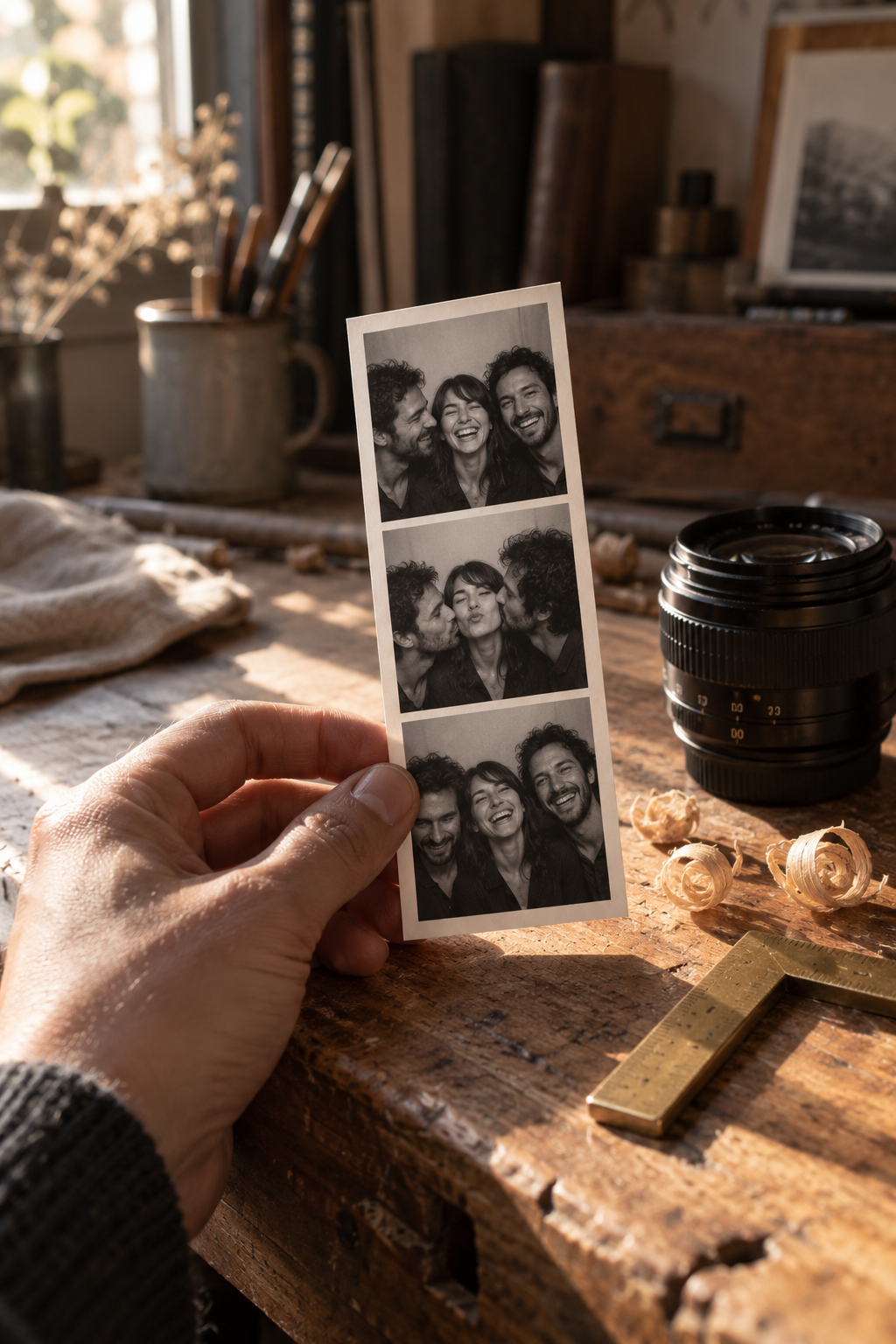 Une main tient une bande de portraits souriants, près d’un objectif et de copeaux de bois sur un établi.